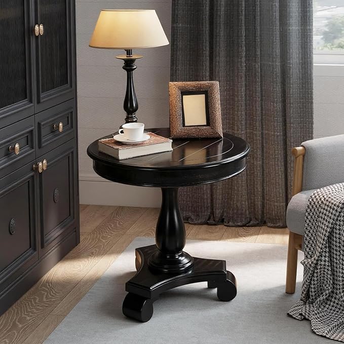 Roundhill Furniture Rene Round Pedestal Side Table, Black