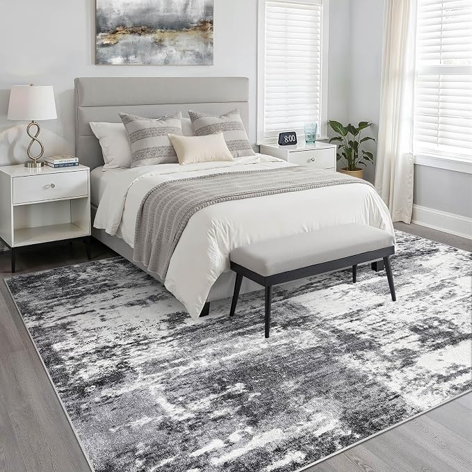 9x12 Area Rug Living Room: Washable Large Neutral Rug Abstract Soft Modern Stain Resistant Indoor Floor Non-Slip Carpet for Bedroom Nursery Kids Office Playroom Dining Room Under Table- Black White