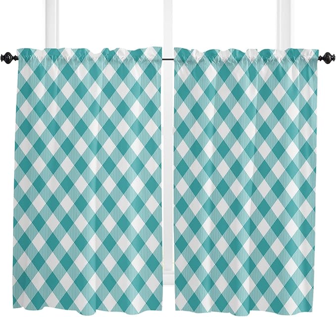 45 Inch Long Tier Curtains for Kitchen, Pastoral Style Teal Green Lattice Bathroom Window Curtains Rod Pocket Short Curtains Window Treatment Tiers for Living Room Farmhouse 2 Panels