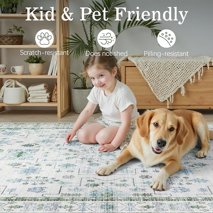 DCX Green 4x6 Rug, Kid & Pet Friendly with Rubber Back Non Slip, Machine Washable Stain Resistant Vintage Boho Floral Rug for Living Room, Bedroom, Soft Low Pile Large Nursery Carpet