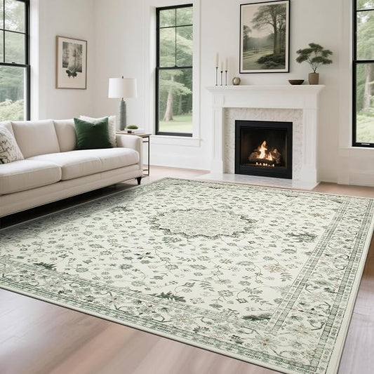Srugn Washable Rugs 8x10 Area Rugs for Living Room,Rugs for Bedroom,Large Carpets,Ultra Soft Faux Wool Retro Dining Room Rug,Non Slip&Non-Shedding Low Pile Vintage Print Rug for Home Office-Green