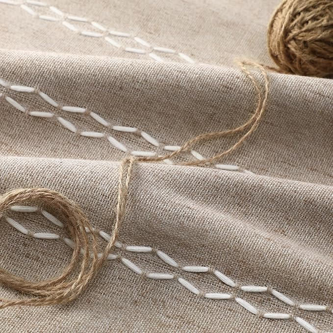 Khaki Brown Boho Blackout Curtains 96 Inches Long Linen Blend 2 Panels with Tassels and Cotton Embroidery, Farmhouse Vintage Rustic Rod Pocket Drapes for Living Room or Bedroom