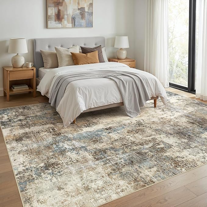 WITSHOCK Area Rugs 10x14 Living Room Rug - Washable Neutral Soft Low Pile Non-Slip Modern Abstract Thin Large Indoor Carpet for Bedroom Dining Room Nursery Office - Brown/Teal/Blue