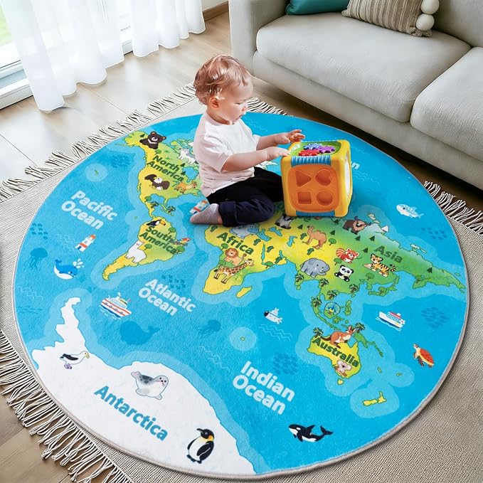 Kids Playroom Rug, 4x4ft Round World Map Rugs with Cute Animals, Washable Durable Soft Carpet Kid Educational Rugs for Boys Girls Bedroom Nursery Classroom