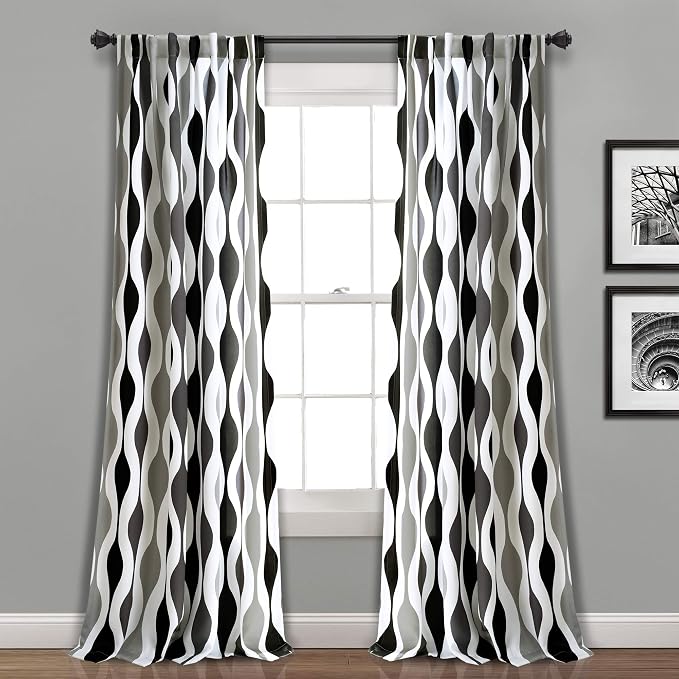 Lush Decor Mid Century Geo Light Filtering Window Curtain Panel Pair, 52" W x 84" L, Black & Gray