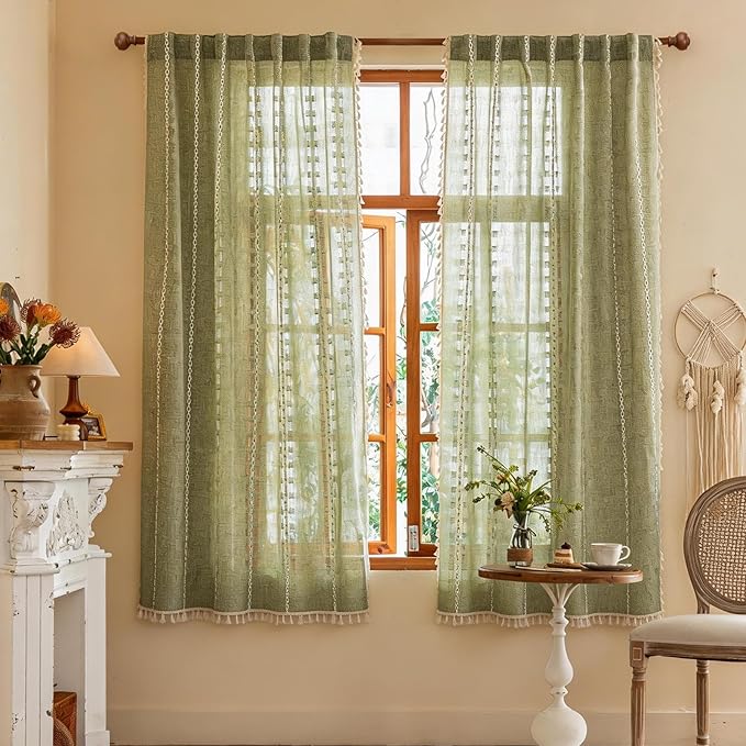 Sage Green Boho Semi Sheer Curtains 63 inch Length 2 Panel Set for Bedroom & Farmhouse, Bohemian Light Filtering Privacy Drapes Tassels Shabby Chic Christmas Window Curtains Back Tab & Rod pocket
