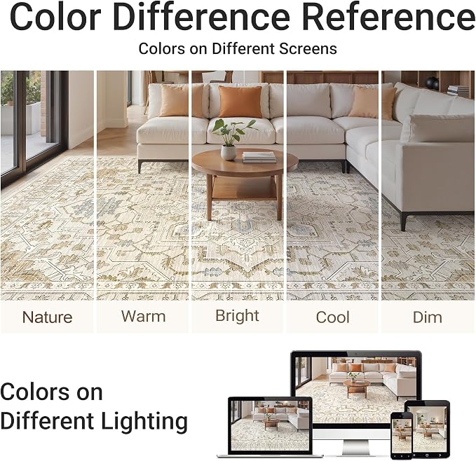befbee 8x10 Area Rug for Living Rooms, Stain Resistant Neutral Washable Rugs for Dining Rooms, Floral Vintage Non-Slip Thin Large Size Area Rugs(Beige)