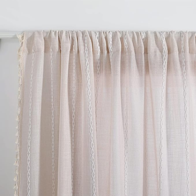 RoomTalks Boho Beige Curtains for Bedroom Living Room 96 Inch Length French Country Modern Farmhouse Cotton Window Curtain Panels Embroidery Striped Bohemian Tassel Draperies, 96’’L x 52’’W