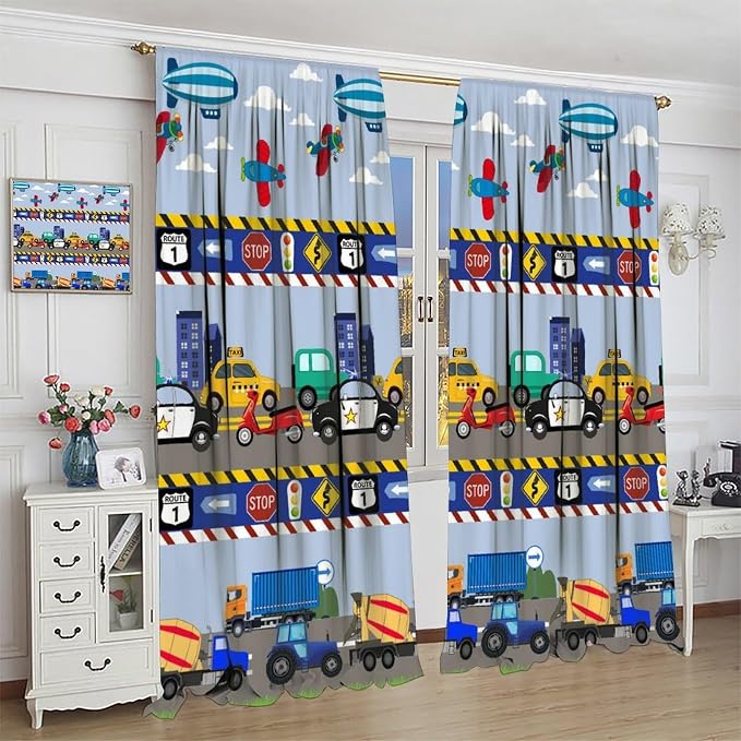 Cartoon Cars Curtain,Kids Boys Aircraft Vehicles Road Clouds Print Window Treatment Curtains for Kitchen Bedroom Cafe Dining Room Office Living Room Drapes, 52x84 in