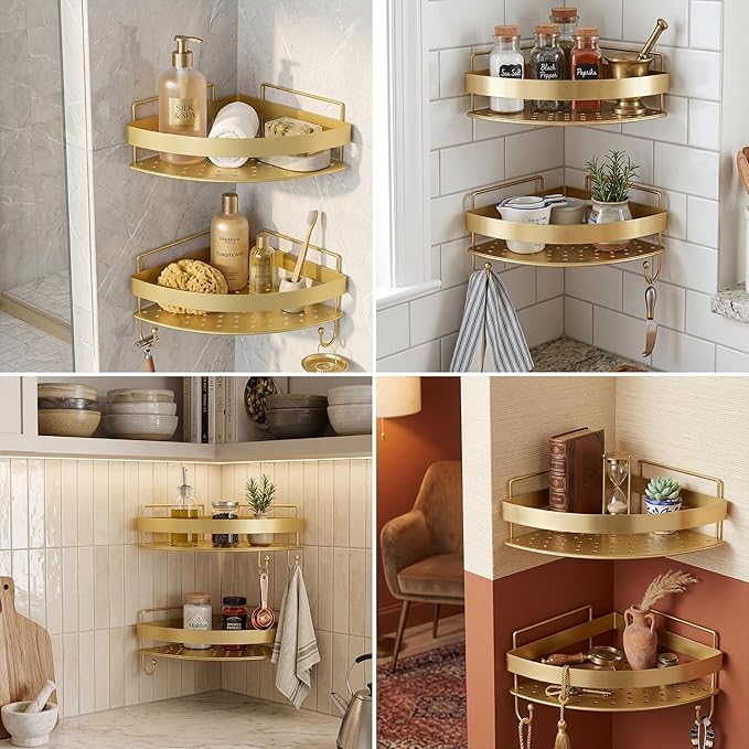 Corner Shower Caddy, 2 Pack Adhesive Gold Shower Organizers, Rustproof Stainless Steel Shower Shelves with 4 Hooks, No Drilling Shelves for Bathroom Storage & Home Decor