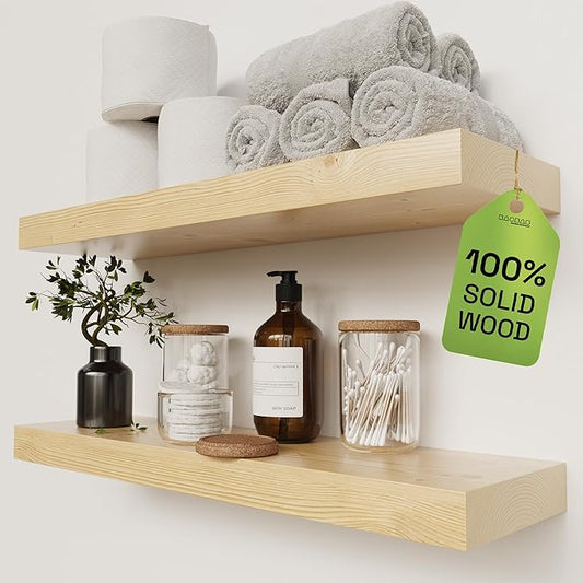 Solid Wood Floating Shelves for Wall 24 inch, Natural Wood, Wooden Shelf | Real Wood, Shelves for Bathroom Wall Mounted, Rustic Farmhouse, Bedroom Kitchen, Natural Oak Finish, 24W x 6.7D, Set of 2