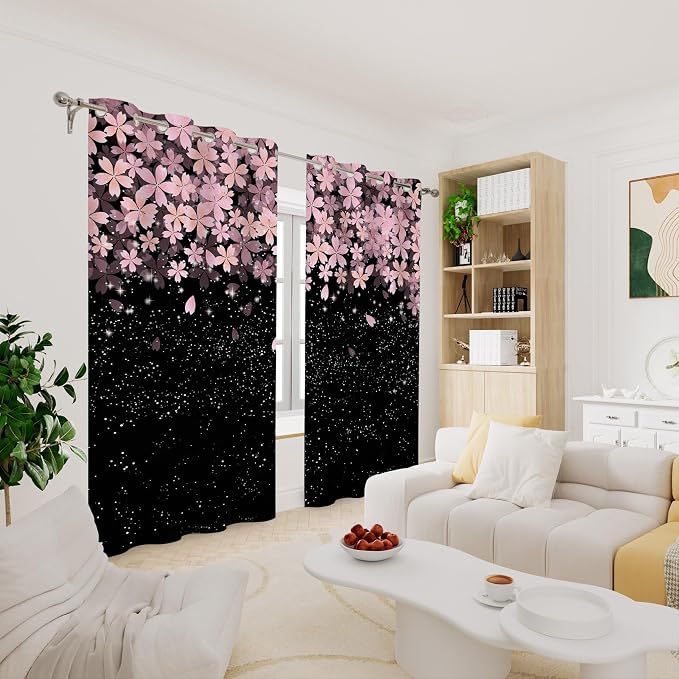 Renaiss Pink Cherry Patels Blackout Curtains, Japanese Cherry Flowers Thermal Insulated Bedroom Window Curtains, Black Floral Bossom Window Drapes for Living Room, 63" L x 42" W 2 Panel Set
