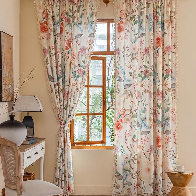 OYX Boho Floral Curtains 63 Inch, Linen Farmhouse Flower Drapes with Lace & Tassels, Light Filtering Semi Sheer Curtains for Living Room Bedroom, 2 Panels