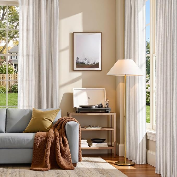 jinchan Linen Curtains 96 inch Taupe Grey Stripe on Beige Grommet 2 Panels | Curtains for Living Room Bedroom,Ticking Stripe Pattern,Pinstripe Farmhouse Rustic,Window Treatment,Light Filtering