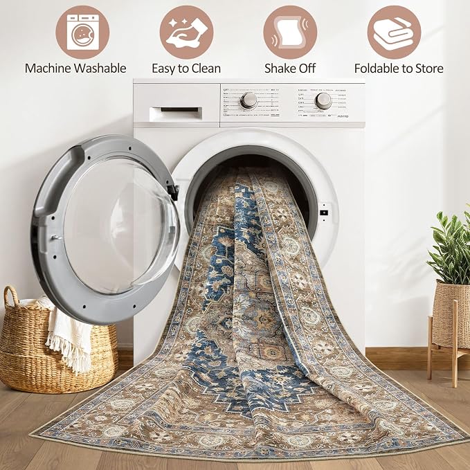 Runner Rug Kitchen Washable Rugs: 3x8 Non-Slip Boho Vintage Stain Resistant Indoor Neutral Farmhouse Throw Carpet for Hallway Bathroom Laundry Room Entryway Bedroom- Yellow Blue