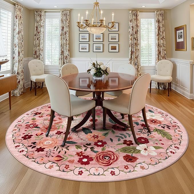 6ft Round Machine Washable Area Rug for Living Room, Dark Pink Vintage Boho Floral Rug Non-Slip Low Pile Soft Faux Wool Carpet Kids and Pets Friendly for Bedroom Nursery Farmhouse Home Decor Rug