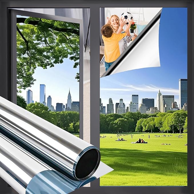 Niviy One Way Privacy Window Film See Out Not in Window Tint for Home Heat Blocking Anti UV Glass Door Mirror Reflective Window Film for Home Office, (Silver 35.4" x 157.4")