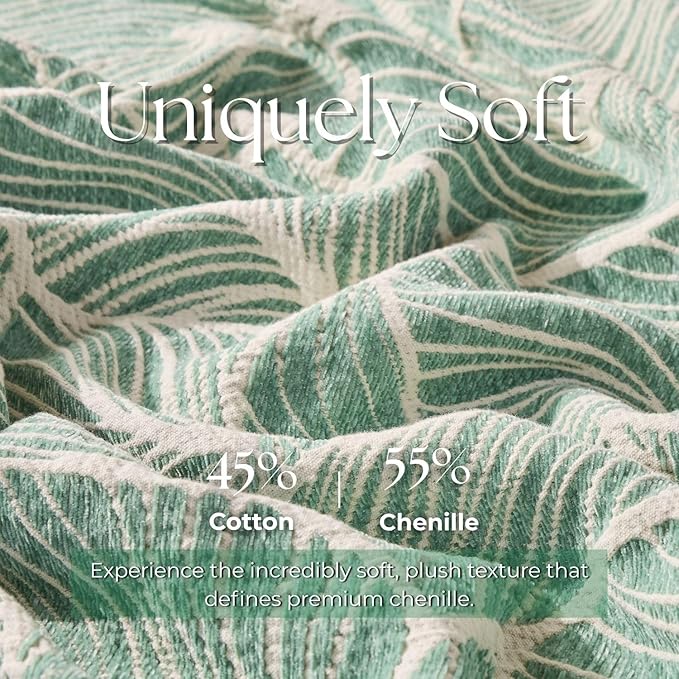 DOWN HOME Chenille Cotton Throw Blanket for Couch, Lightweight Boho Blanket for Bed Sofa Chair Living Room Outdoor Soft Woven Decorative Blanket with Tassel Gift Green Leaves 60"x80"