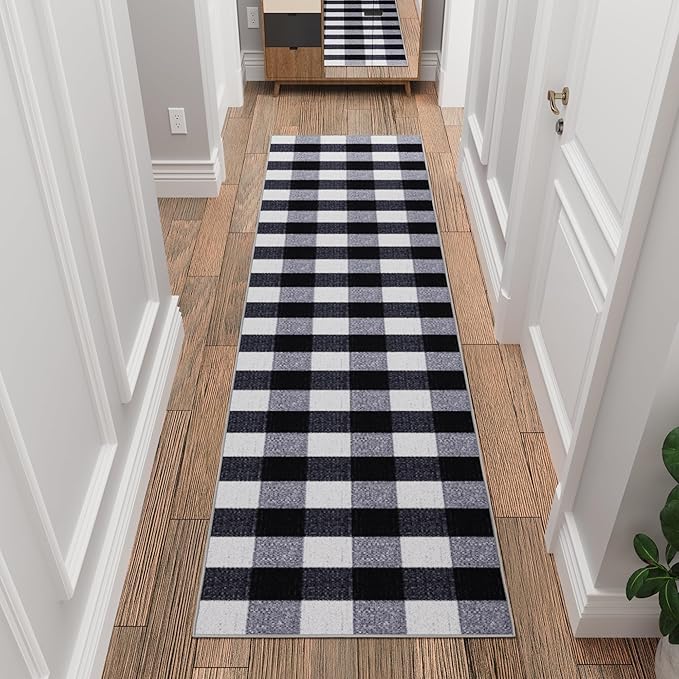 Ottomanson 2'7" x 20' Extra Long Hallway Runner Rug – Non Slip Low Pile Carpet Runner for Hallways, Corridors & Narrow Spaces, Buffalo Plaid Black/White
