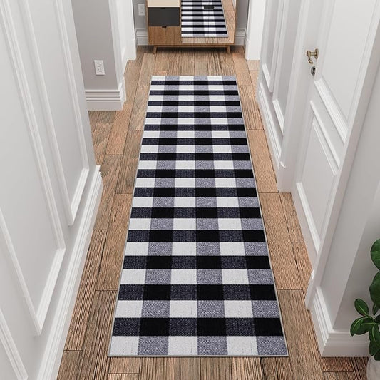 Ottomanson 1'10.5" x 34' Extra Long Hallway Runner Rug – Non Slip Low Pile Carpet Runner for Hallways, Corridors & Narrow Spaces, Buffalo Plaid Black/White