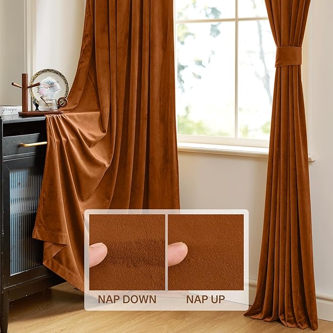 StangH Vintage Terracotta Burnt Orange Curtains 108 inches, 2 Panels | Thermal Insulated & Room Darkening Living Room Sliding Door Panels, 300GSM Rich Soft Velvet, Holiday Halloween Decor