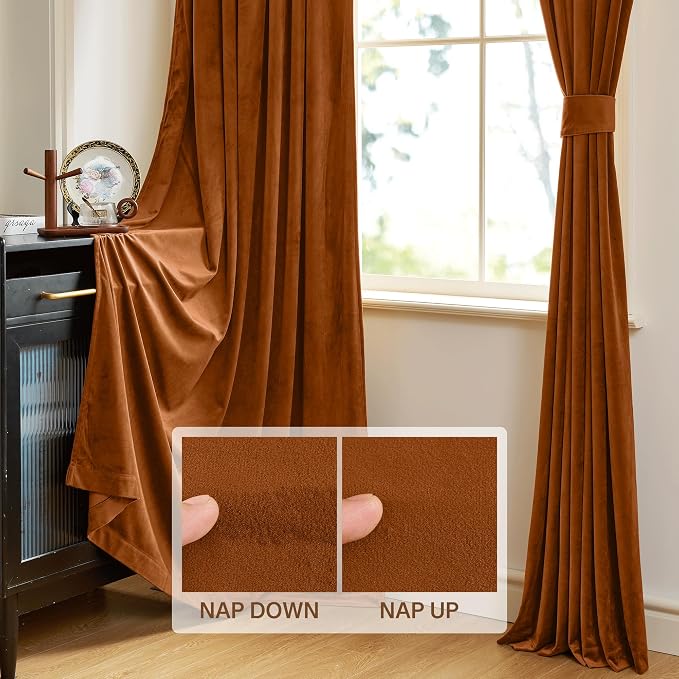 StangH Burnt Orange Velvet Curtains - Vibrant Thermal Insulated Drapes for Living Room, Soft Noise Reducing Curtains, Warm Autumn Decor, W52 x L105, 2 Panels