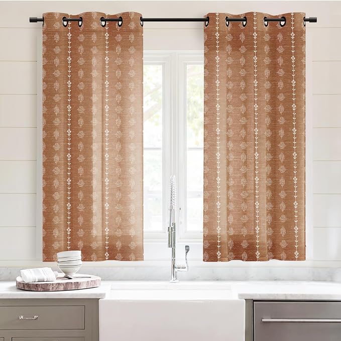 Lino Rosa 54 Inch Short Boho Curtains, Semi Sheer Linen Floral Pattern Drapes for Bedroom Kitchen Window 2 Panel Set 36x54 in Length