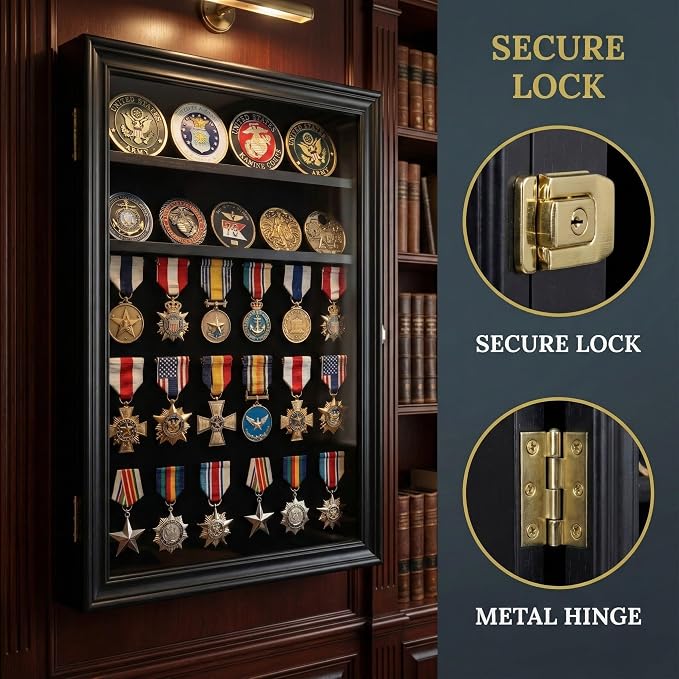 11.5 X 16 Pin Display Case Medal Shadow Box with 98% UV Protection for Military Medals, Beach Tags, Jewelry Pins, Pin Gift, Insignia Ribbons Memorabilia (Black Finish)