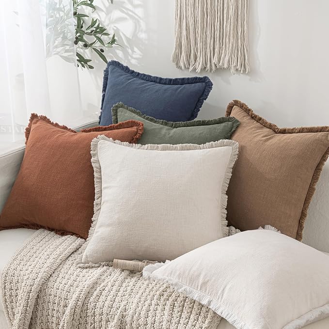 MIULEE Decorative Throw Pillow Covers Neutral Linen Fringe Throw Pillows Set of 2 Natural Beige Boho Farmhouse Cushion Cases with Tassels for Couch Sofa Bed Living Room Spring Decor 18x18 Inch