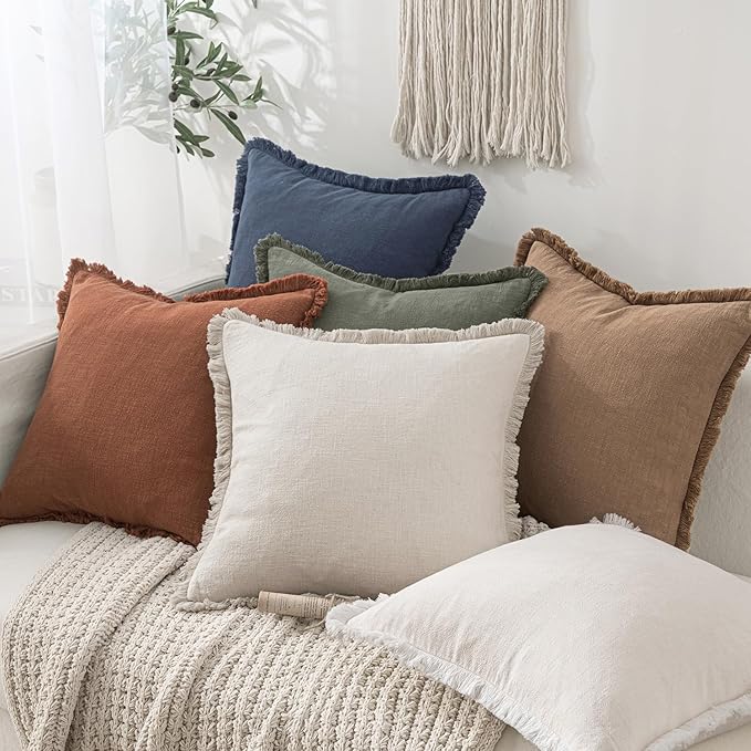 MIULEE Decorative Throw Pillow Covers Neutral Linen Fringe Throw Pillows Set of 2 Indigo Blue Boho Farmhouse Cushion Covers Coastal Decor for Couch Sofa Bed Living Room Spring Decor 12x20 Inch