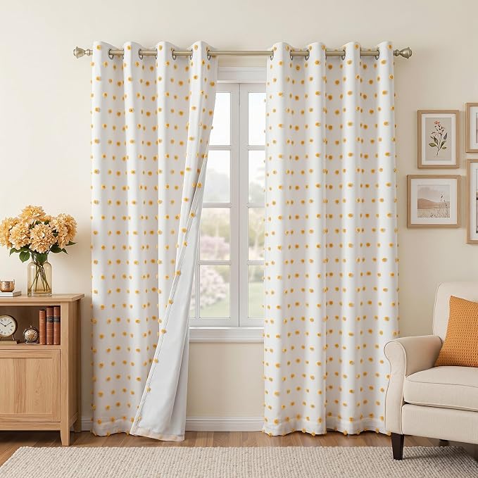 MEETSKY 100% Blackout Curtains for Girls Bedroom 84 Inches Length Total Light Blocking White and Yellow Curtains for Kids,Grommet Room Darkening Window Drapes with Pom Pom Sheer 52W x 84L, 2 Panels