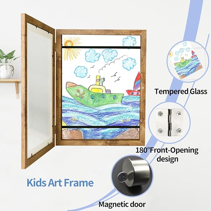 iRahmen Kids Art Frames 8.5x11 Set of 2 - Front Opening Childrens Picture Frame Changeable, Wood Artwork Display Storage for Wall Mount, Magnetic Door Holds 50 Art Pieces for Drawings, 3D Picture, Crafts, Portfolio, Brown