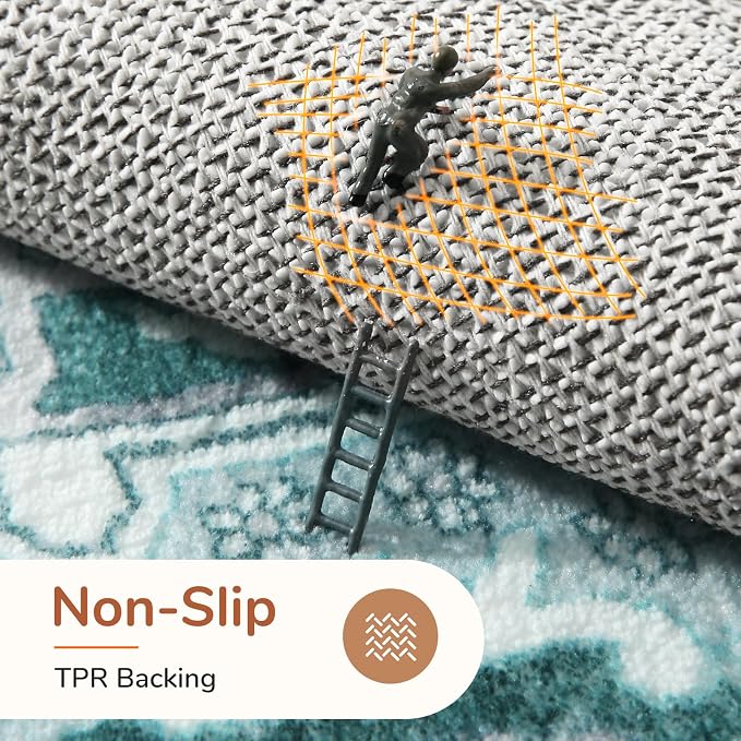 OPPODREAM Soft Area Rugs 9x12 Living Room, Washable Rugs 9x12 with Non Slip Backing, Faux Cashmere Low-Pile 9 x 12 Carpet, Teal & Turquoise & Cream