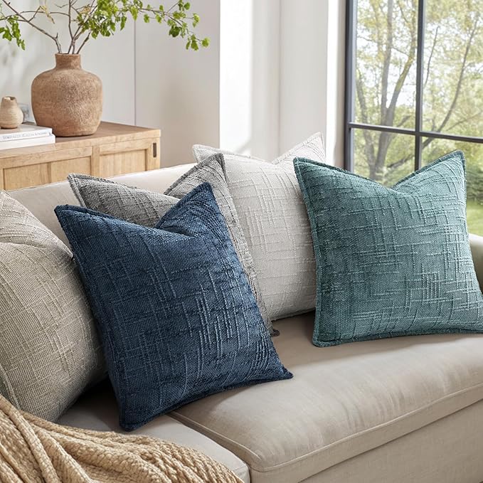 decorUhome Chenille Throw Pillow Covers 22x22 Set of 2, Thick Textured Slubby Neutral Decorative Pillow Covers with Elegant Design for Couch, Sofa, Living Room, Light Grey