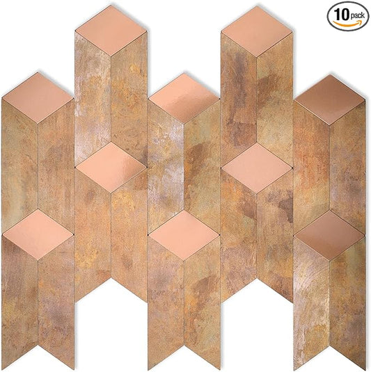 10-Sheets Metallic Peel and Stick Backsplash Tiles, Retro Brown Stainless Steel Heat Resistant Stick on Wall Tiles for Kitchen, Bathroom, Laundry Room, Camper, Fireplace