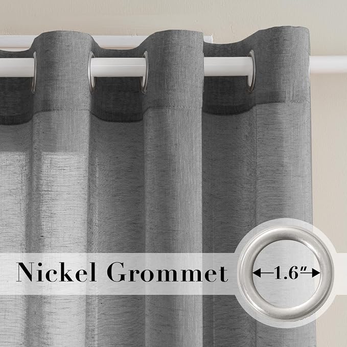 H.VERSAILTEX Linen Curtains Nickel Grommet Natural Linen Semi-Sheer Curtains 2 Panels Privacy Added Premium Soft Rich Material Drapes for Bedroom/Living Room - 52x54 Inch - Charcoal Grey