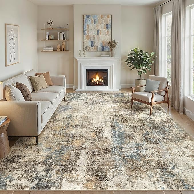 WITSHOCK Area Rugs 10x12 Living Room Rug - Washable Neutral Soft Low Pile Non-Slip Modern Abstract Thin Large Indoor Carpet for Bedroom Dining Room Nursery Office - Brown/Teal/Blue