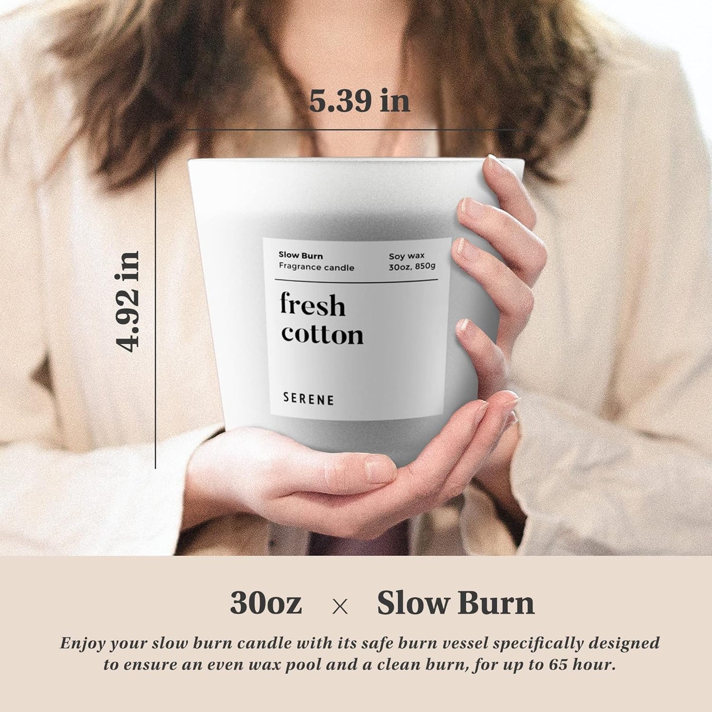 Hidden Label Large Scented Candle, Fresh Cotton, 30oz 3 Wick Huge Candle, Serene Collection Slow Burn Natural Soy Candles for Home Scented
