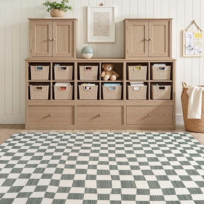 jinchan 5x7 Checkered Area Rugs for Kids Room - Machine Washable Soft Rug Modern Geometric Lattice Non-Slip Carpet for Nursery Playroom Classroom Living Room Bedroom Dining Room Home Office Grey