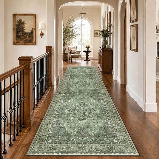 RELEANY Area Rugs Runner 3'x10' Washable Non-Slip, Floral Vintage Distress Medallion Carpet for Kitchen Hallway Bedroom Beside Laundry Room Bathroom, Dark Green Gray