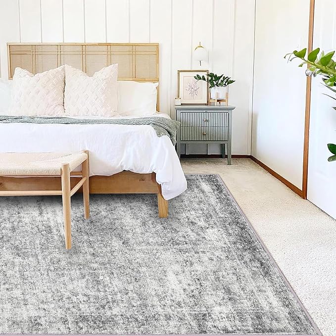 CHAMPLANT Area Rug 6x9 Washable Rug Gray Vintage Traditional Floor Cover Thin Rug Retro Kitchen Indoor Distressed Non Slip Carpet Floral Print Mat Living Room Bedroom Dining Room