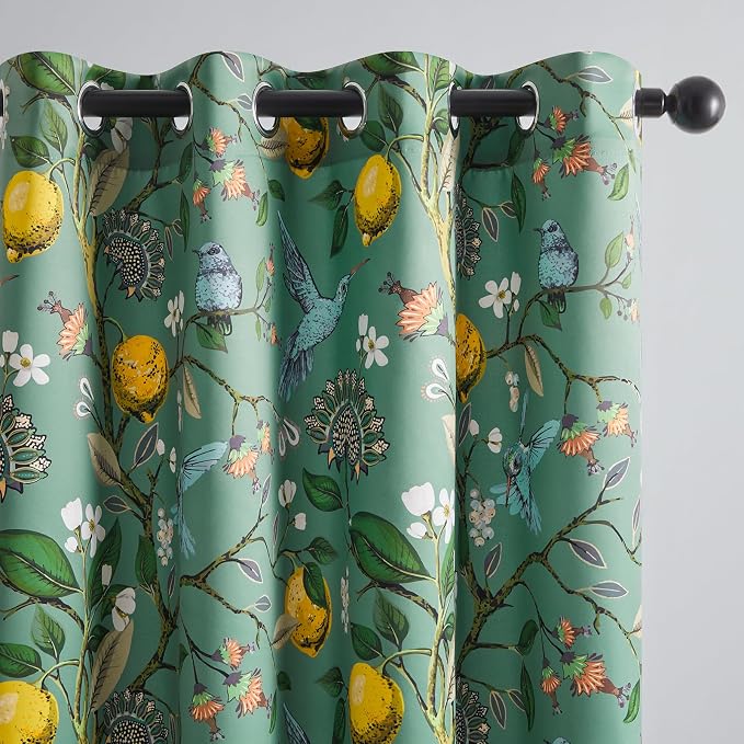 Topfinel Kitchen Curtains 45 Inch Length Floral Spring Curtains for Cafe, Vintage French Country Grommet Botanical Hummingbird Woodland Victorian Patterned Sage Green Blackout Curtains 45 Inches Long