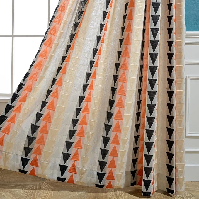 Leeva Geometric Jacquard Curtains with Grommet Top - 52x63 Inch Light Filtering Drapes, Modern Triangle Design for Living Room/Bedroom, Set of 2 Panels, Orange