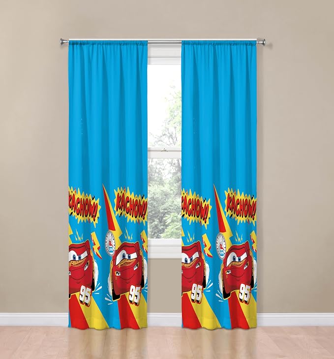 Sunny Side Up Window Curtains for Kids Bedroom 4-Piece Drape Set with 2 Tiebacks, Blue - Cars, 42" W x 84" L (Pack of 2)