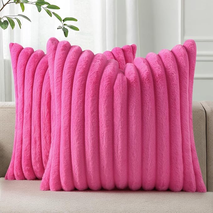 Pallene Faux Fur Plush Throw Pillow Covers 20x20 Set of 2, Luxury Soft Fluffy Striped Decorative Pillow Covers for Sofa, Couch, Living Room, Hot Pink