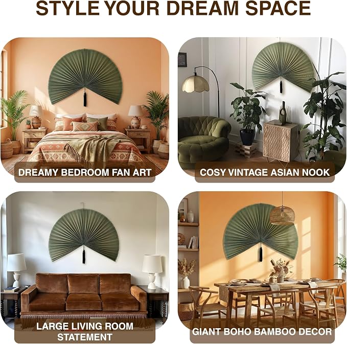 SUCHUBU Large Green Wall Fan Decor, 47" Handcrafted Bamboo Art, Japanese Style Hanging Fan, Vibrant Asian Wall Decor, Aesthetic Farmhouse Greenery Accent, Mounting Hook Included (Green, Large)