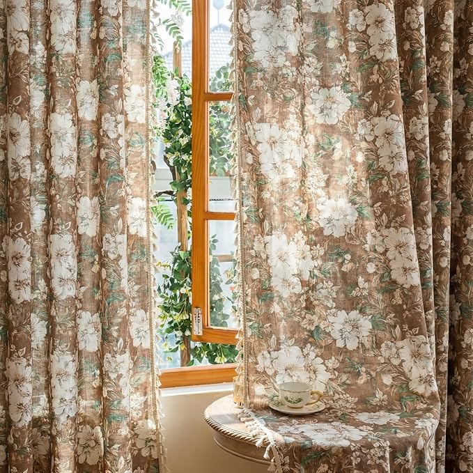 OYX Boho Floral Curtains 84 Inch, Linen Farmhouse Flower Drapes with Lace & Tassels, Light Filtering Semi Sheer Curtains for Living Room Bedroom, 2 Panels