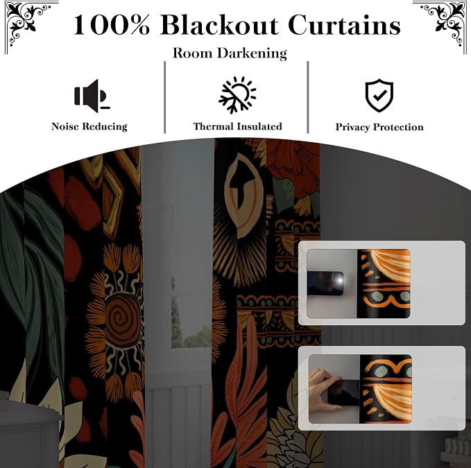 Tyrot 100% Blackout Black Boho Floral Curtains for Living Room 96 inch Long 2 Panels Mid Century Botanical Black Out Curtains for Bedroom Grommet Thermal Insulated Room Darkening Window Drapes,52Wx96L