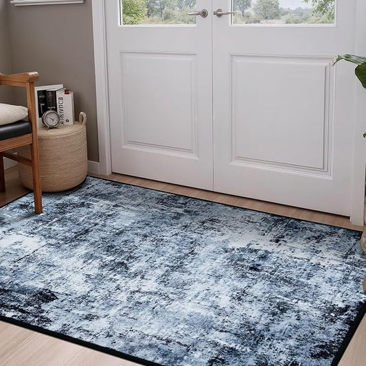 Rugflix 3x5 Entrance Rugs, Entry Rug Washable Non-Slip Stain-Resistant Low Pile, Small Modern Dark Carpet for Living Room Bedroom Indoor, Navy Blue/Black