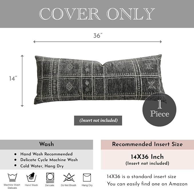 BlissBlush Decorative Lumbar Pillow Cover 14x36, Long Decorative Throw Pillow for Bed, Dark Gray Boho Textured Chenille Accent Pillowcase for Bedroom Home Décor (Cover Only)